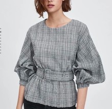 Zara TRF Collection Black &amp; White Plaid Balloon Sleeve Belted Women&#39;s S Top - £24.05 GBP