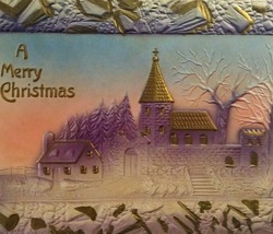 Antique Christmas Postcard Sanders Airbrush Embossed Church Fancy Border Unused - £27.65 GBP