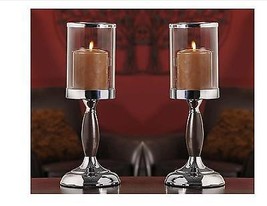 Candle Holders With Glass Candle Cup Set of 2 Metal 14.2" High Pillar Flameless image 1