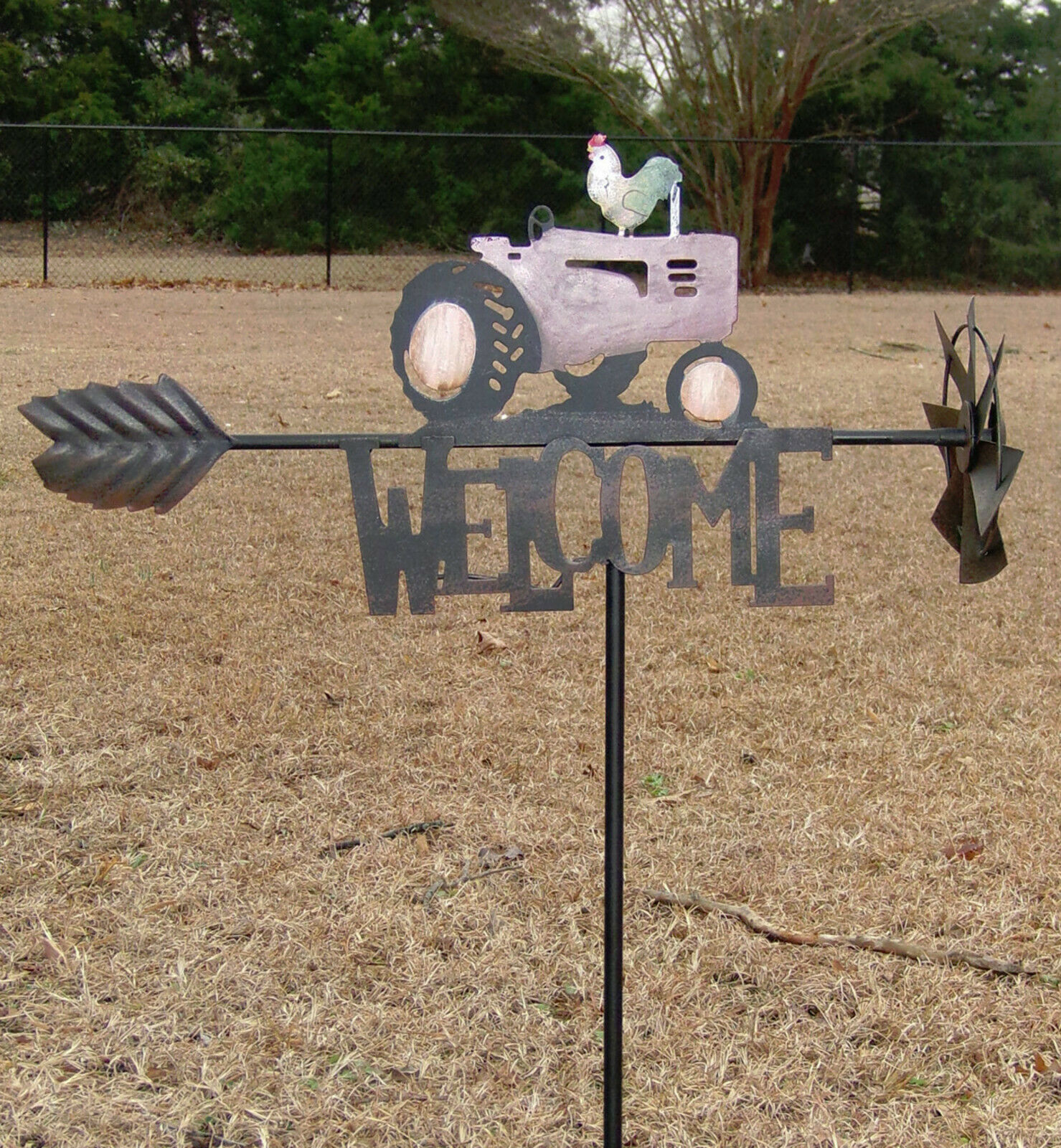 Primary image for Rooster Tractor Yard Stake Welcome Sign Rustic Metal Garden Yard Outdoor Decor