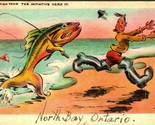 Comic Anamorphic Fish Take the Initiative Here Fishing 1947 Postcard - $4.17