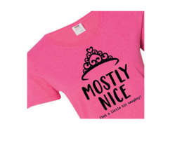 NEW Women&#39;s sz M pink tee w/ tiara &quot;MOSTLY NICE (but a little bit naught... - £6.23 GBP