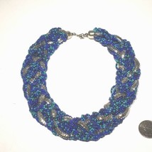 Glass Seed Bead and Silver Tone Braided 18&quot; Thick Chunky Necklace Reversible - £23.94 GBP