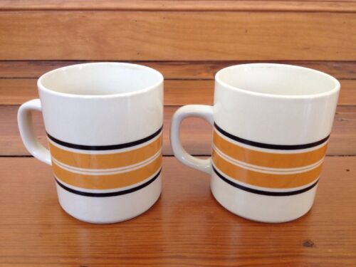 Pair Vintage 70s 80s Marco Polo Fine China White Ceramic Striped Coffee ... - $19.79