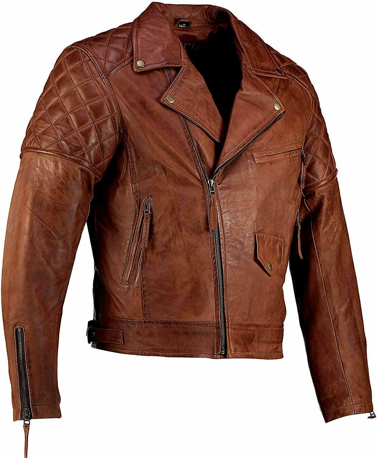 Primary image for Mens Moto Jacket Cafe Racer Vintage Distressed Biker Brown Leather Jacket Coat
