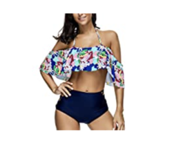 Women Two Piece Off Shoulder Floral Printed Ruffled Flounce Tankini Set Size L - £19.54 GBP