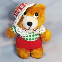 Bear Wearing Straw Hat Taiwan Flat Eyes Cinnamon Felt Nose 6in Vintage 1980s - £11.63 GBP