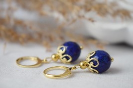 Lapis Lazuli Hoop Earrings, Faceted Gemstone Gold Huggies, Blue Lapis, September - £29.49 GBP