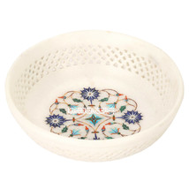 5&quot;x5&#39;&#39;x1.5&#39;&#39; White Marble Fruit Bowl Marquetry Floral Lattice Inlay Decor H3637 - £266.99 GBP
