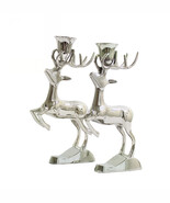 Pair Shiny Chrome Leaping Reindeer Taper Candle Holders Christmas Unused... - $38.90