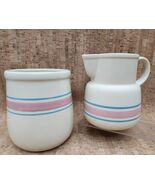 McCoy Pink &amp; Blue Striped Cream Pitcher 132 &amp; Utensil Crock Set Made in ... - $87.77 CAD