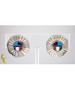 Sterling Silver Lapidary Inlay Sunburst Clip-On Earrings Gorgeous - $239.27