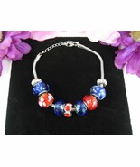 RED, WHITE BLUE GLASS BEAD Bracelet Round Rhinestones Silvertone Adjust 10&quot; - $24.25 CAD