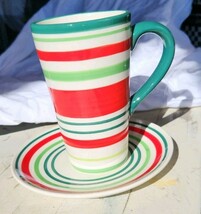 2010 Target Home Holiday Be Merry Large Tall Mug With Saucer Set Stripe - $15.99