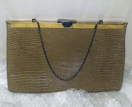Tan Reptile LEATHER Vintage *ETRA* Framed Flat CLUTCH Purse w/Chain Handle - $28.04