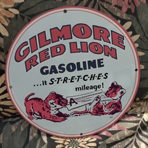 Vintage 1956 Gilmore Red Lion Gasoline Fuel Porcelain Gas &amp; Oil Pump Sign - £98.20 GBP