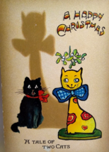 Christmas Postcard Black Cat Yellow Kitten Bow Tie Shadows Tucks Shadowg... - $21.38
