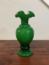 Fenton Glass Vase Ivy Green Overlay Double Crimped Home Decor Accent Vin... - £77.66 GBP