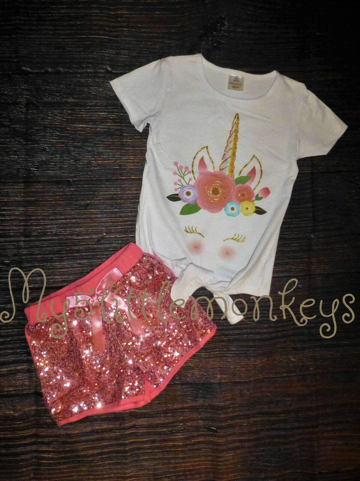 Primary image for NEW Boutique Unicorn Tie Shirt  Girls Pink Sequin Shorts Outfit Set 