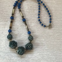 Vintage Bright Blue Small Glass Beads with Darker Graduated Carved Rose Beads  - £15.65 GBP