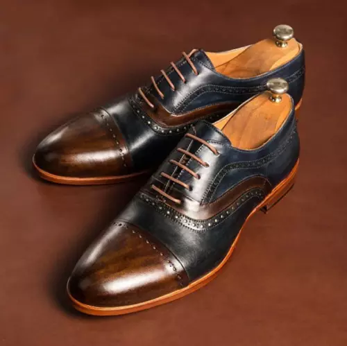 New Handmade Men Brown Blue Cowhide Leather Cap Toe Dress Formal Oxford Shoes - £124.96 GBP