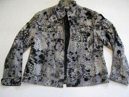 Chico&#39;s Abstract Print Black Gray Trucker Jacket Size 2 (M 14) Open Front - £7.50 GBP