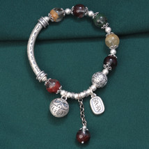 Sterling Silver OM Mantra Curved Tube Beaded With Lucky Fu Charm Bracele... - $57.50