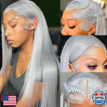Amzhair 13X6 Silver Grey Lace Front Wigs Human Hair Straight Hd Transparent - $150.92