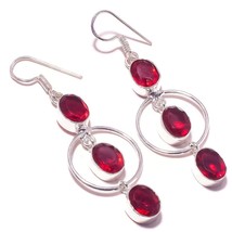 Red Garnet Oval Gemstone 925 Silver Overlay Handmade Double Drop Dangle Earrings - £10.38 GBP