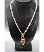 Vtg Princess Length Gold &amp; Clear Tone Beaded Necklace w/ Funky Abstract ... - $35.07 CAD