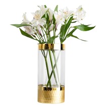 Clear Glass Cylinder Vase Pot with Gold-Plated Top Rim Handmade Honeycomb Base - $24.00+