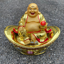 Laughing Buddha Gold Ingot for Wealth &amp; Success Height- 6 Inches Tall EUC - $29.07