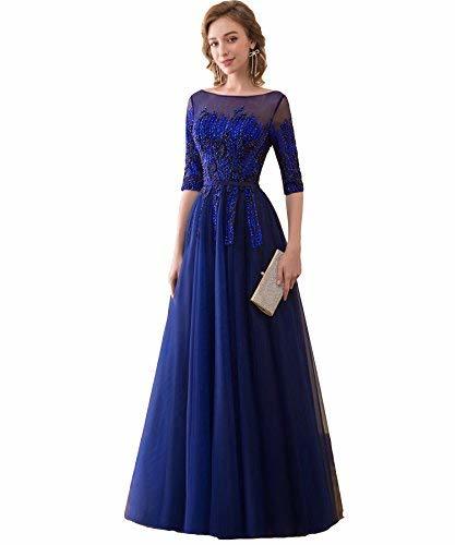 Kivary Vintage Navy Beaded Long Tulle Formal Prom Evening Dress Royal Blue US 6