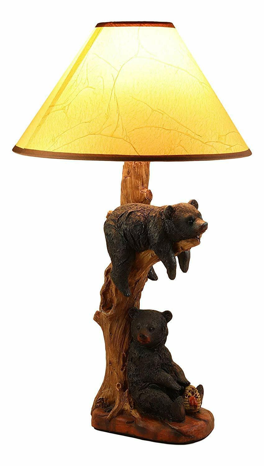 Rustic 2 Black Bears Napping & Eating Honey Table Lamp Sculpture With Shade