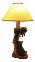 Rustic 2 Black Bears Napping &amp; Eating Honey Table Lamp Sculpture With Shade - £72.16 GBP