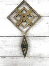 MCM Vintage Floral Diamond Brass Trivet with Decorative Turquoise Beaded Handle - $29.69