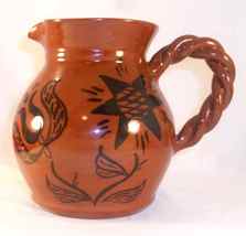 1992 Breininger Redware Bulbous Pitcher Rope Handle Tulip Bird Stars Decoration - £94.51 GBP