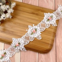 Flower Pearl Beads Lace Trim Ribbon Floral Applique Embroidered Lace Ribbon For  - £11.71 GBP