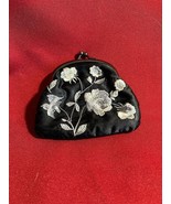 NEW Black Satin COIN PURSE with Gray/White Embroidered Flowers - $109.20 MXN