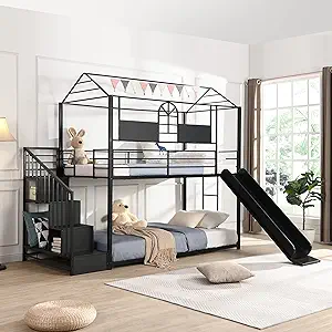 Twin Over Twin Bunk Beds With Storage Stairs, Metal Frame House Bunk Bed... - $979.99