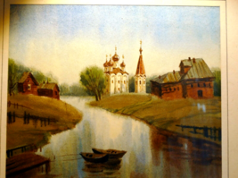 Olga Ivleva Watercolor Signed Russia village river church Art framed - $129.97 CAD