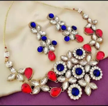 Indian Joharibazar GoldPlated CZ/AD Necklace Choker Kundan Earrings Jewelry Set - £21.90 GBP