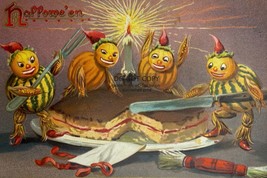 Vintage Halloween Gourd Men Cutting Cake Tuck 4X6 Postcard Reprint - £6.80 GBP