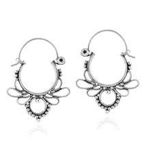 Elegant Bali Inspired Swirling Accents Sterling Silver V-Lock Hoop Earrings - $16.92