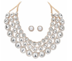Graduated Round Crystal Multi Row Halo Bib Necklace Earrings Set Goldtone - £79.92 GBP