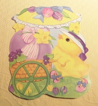 Vintage Easter Die Cut Cardboard Decoration Eureka Chick Pushing Egg Cart Flower - $7.49