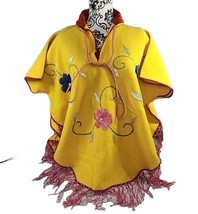 Vintage Poncho Shawl Wool One Size Bright Yellow Multi Floral Embroidery Fringed - £30.36 GBP