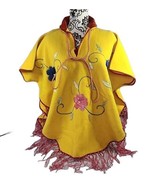 Vintage Poncho Shawl Wool One Size Bright Yellow Multi Floral Embroidery... - £30.19 GBP