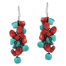 Bali Handmade Mix Stones Turquoise Coral Cluster .925 Silver Earrings - £12.52 GBP