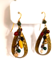 Women&#39;s Hammered Dark Gold Tone Metal Earrings Multicolor Beads Drop/Dangle - £8.31 GBP